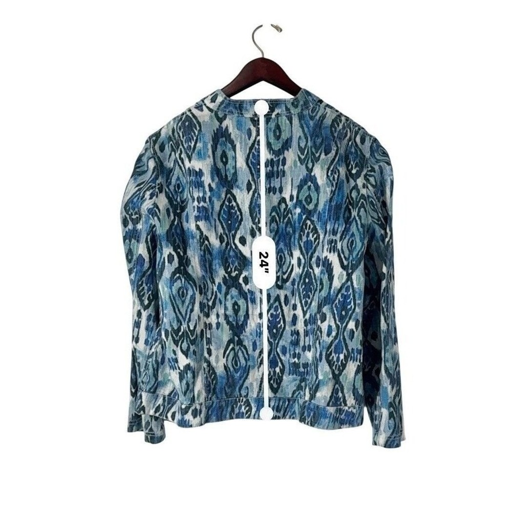 Chico's L Blue Ikat Print Zip Front Linen Cotton Blend Jacket Women's Size 2 - Picture 5 of 7